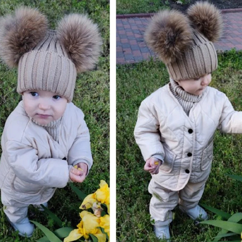 Winter crochet double natural raccoon puffy hat suitable for girls a real fur childrens hat high-quality and fashionable childrens hat Beanie Bonnet 2
