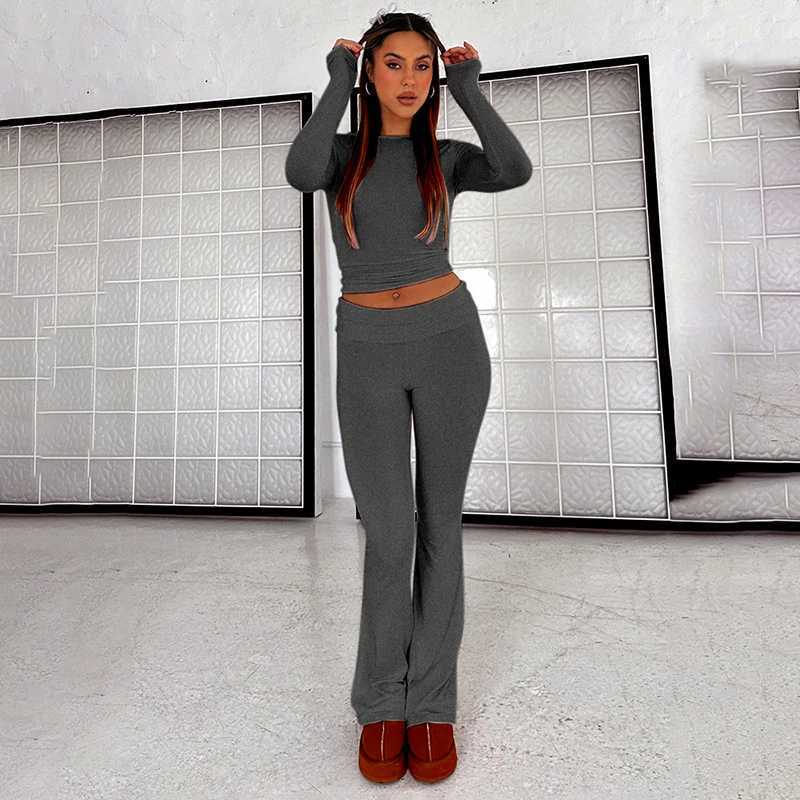 Women's Two Piece Pants CUTENOVA Womens Spring Casual 2-piece Set Long Sleve Crew Neck Crop Top Low Waist Flare Pants Casual Set Y2410198I92