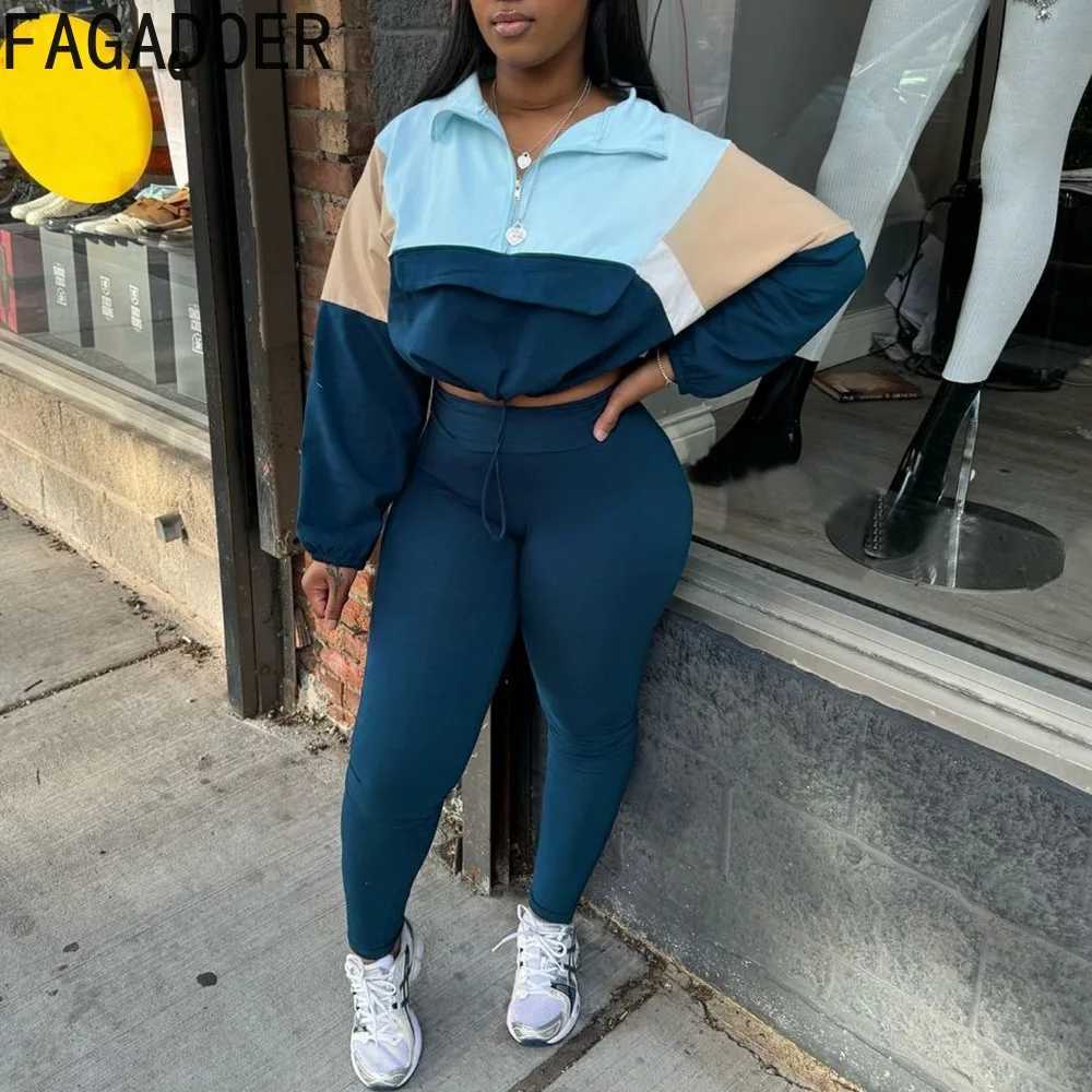 Women's Two Piece Pants FAGADOER Color Block 2-piece Womens Long Sleve Zipper Sweatshirt and Leg Set Jogging Short Clothes Autumn New Collection 