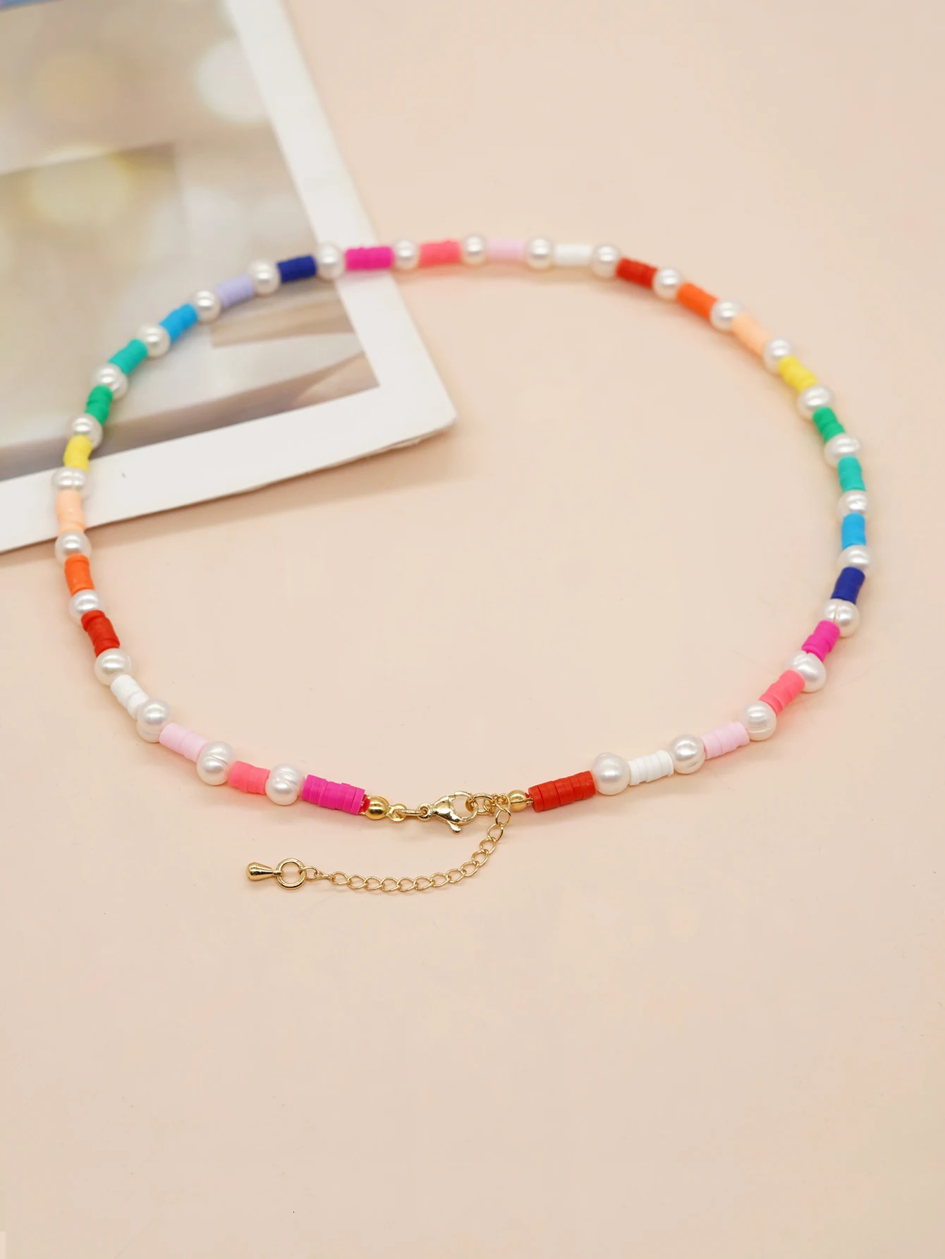 Go2boho Summer Boho Necklace Rainbow Colored Sea Stone Polymer Clay Freshwater Pearl Bead Necklace 241018