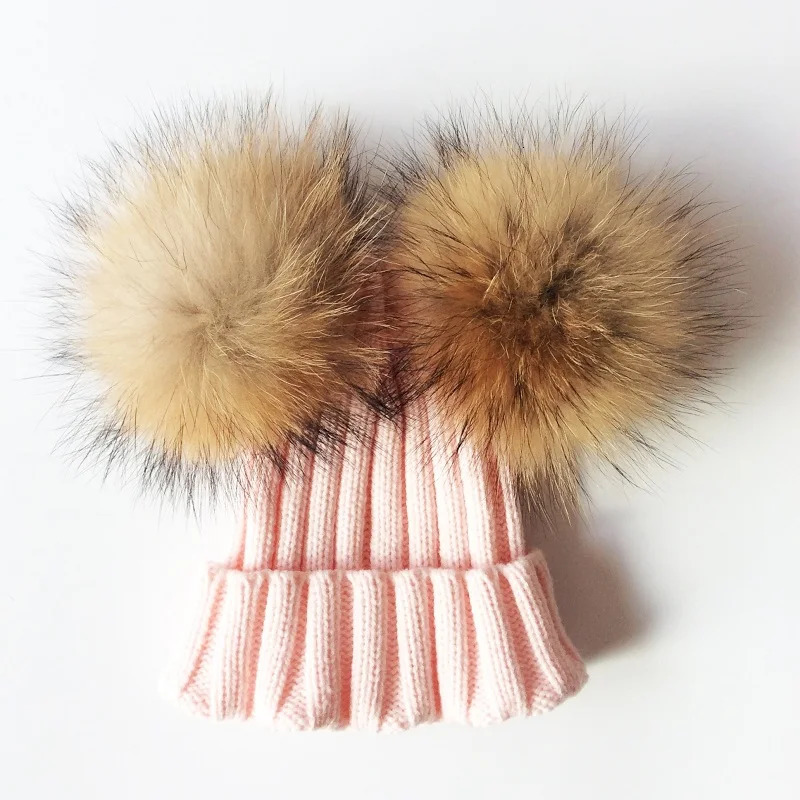 Winter crochet double natural raccoon puffy hat suitable for girls a real fur childrens hat high-quality and fashionable childrens hat Beanie Bonnet 2