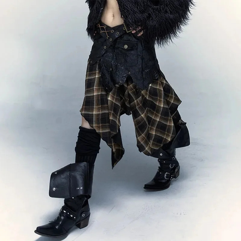 Irregular Patchwork Grunge Y2k Skirts High Waist Vintage Plaid Belt Decor Punk Midi Gothic Aline Skirt For Women 241019