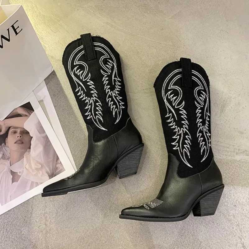Womens Pointed Toe Square High Heels Cowboy Western Boots New Ankle Gladiator Trend Shoes Winter New Walking Botas Pump Mujer Zapatos Y241019