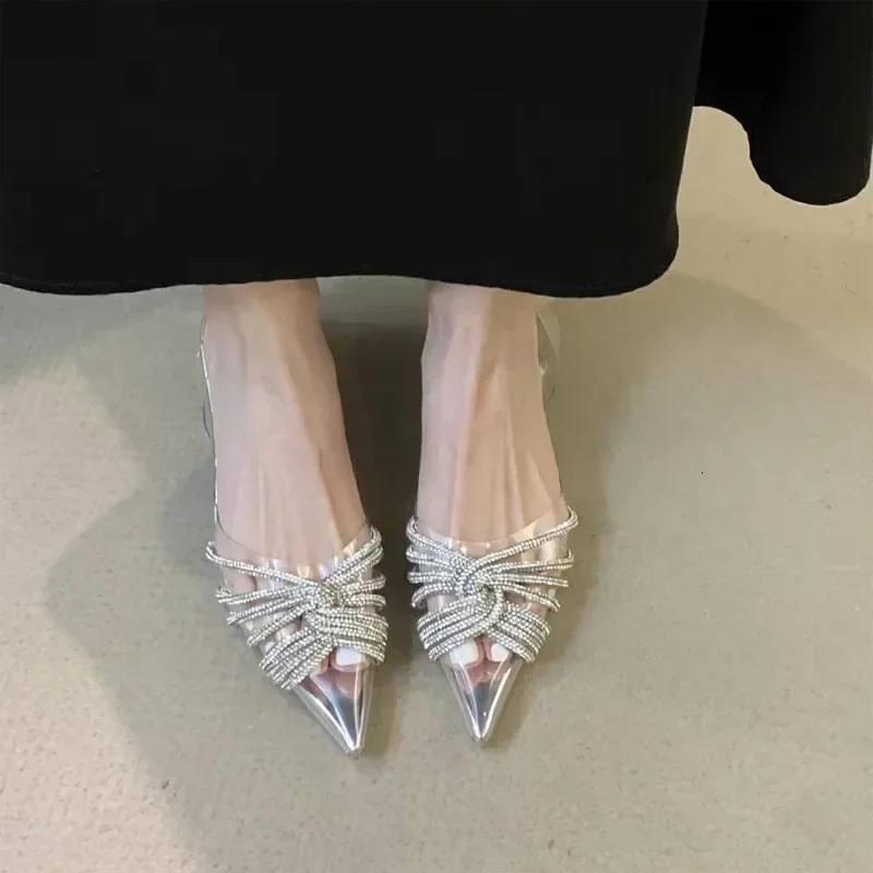 Comemore Sexy Pointed toe Womens Sgback Sandals 2024 Transparent Crystal Low Heels Elegant Simple Ladies Sier Dress Shoes 241019
