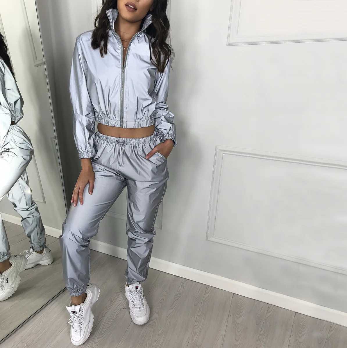 Womens Two Piece Pants Womens sportswear reflecting glow in the dark running suit jacket pants twopiece set womens sportswear twopiece set fitness sui