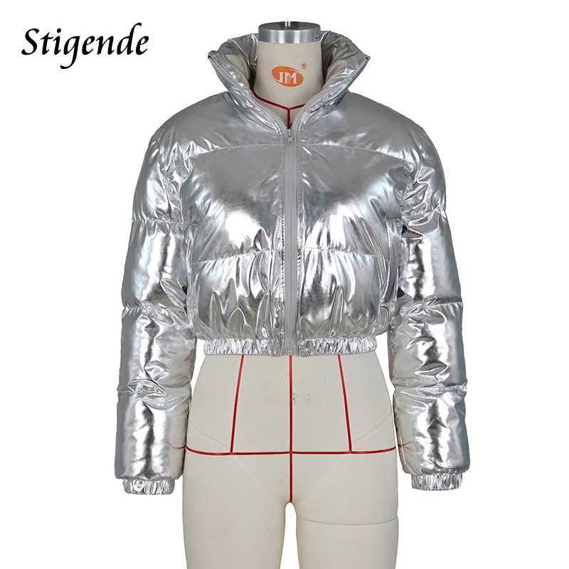 Parkas Womens Down Stigend Shiny Cotton Pad Gold Coat Womens Winter Warm Zipper Crop Top Patch Work Clothes Puffer Parka Coat Womens Vest Y24101