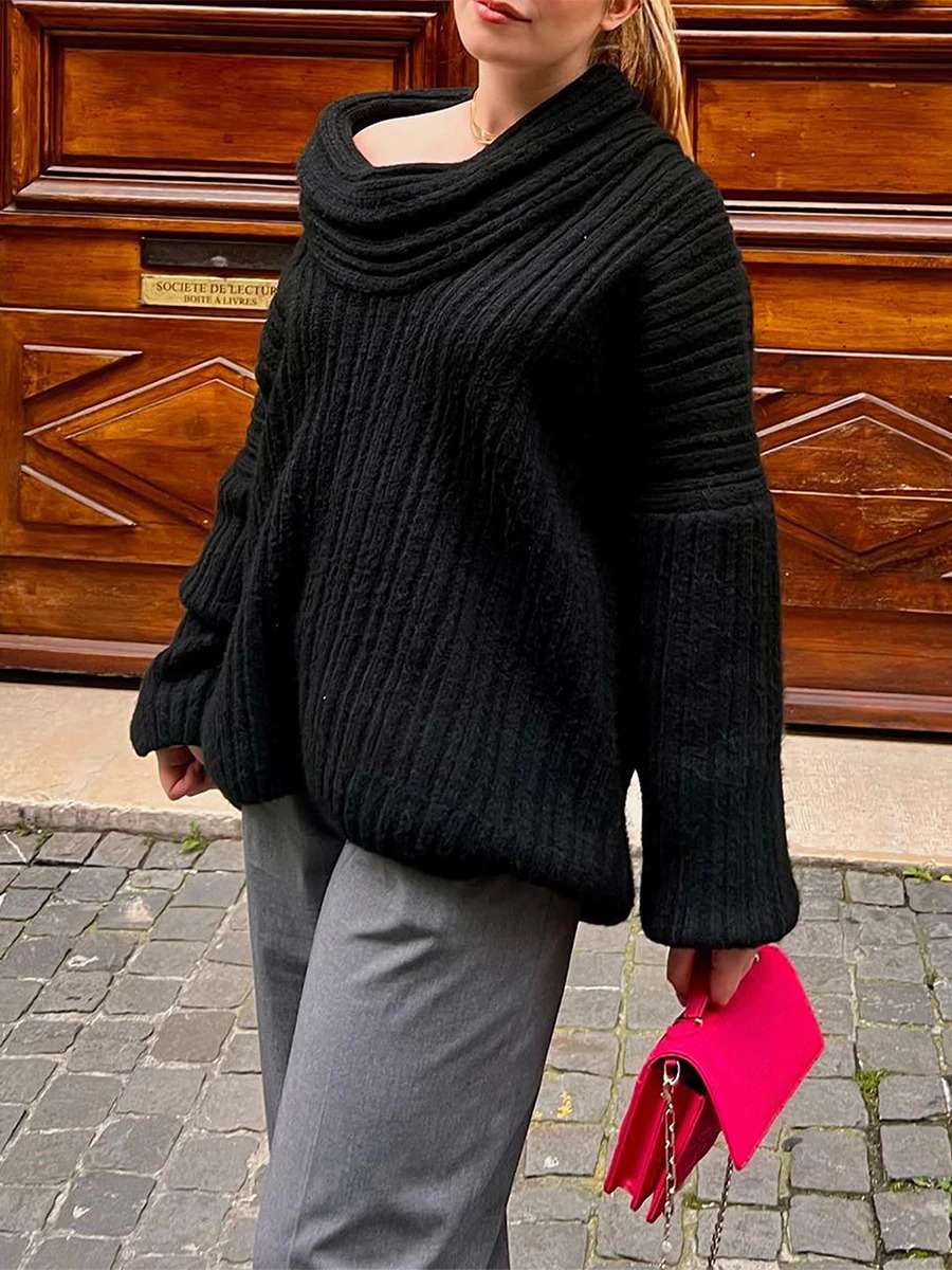 Womens y2k gray shoulder loose knit sweater with solid long sleeves boat neck drawstring lapel autumn and winter casual jumper 241019
