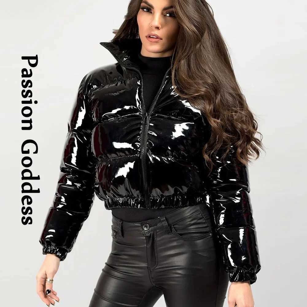 Women's Down Parkas Winter Women Shiny Leather Puffer Jacket Cropped Parka Down Warm Thick Bubble Coats Black PU Leather Parkas Loose Zipper Jack