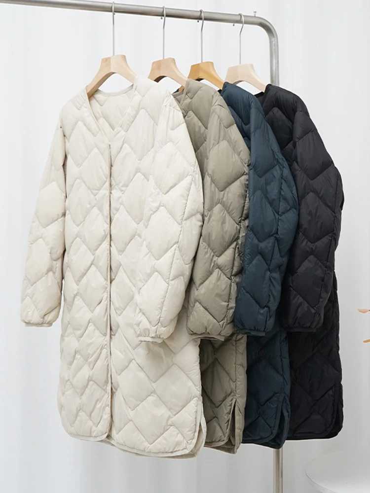 0-10 Korean Style Women Winter Coats 2024 New Autumn Ultra Light Long Duck Down Jackets Collarless Windproof Puffer ParkasX241019