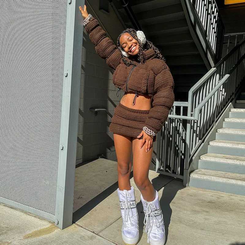 Women's Down Parkas Fashion Cute Women Knitted Sweater Puffer Jacket Winter Knit Warm Thick Bubble Coats Stand Collar Zipper Crop Jacket Parkas D