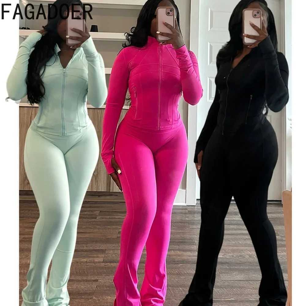 Women's Two Piece Pants FAGADOER Solid Bodycon 2 Piece Sets Outfit Women Long Slve Zip Patchwork Jacket Top And Flare Pants Suits Autumn Strtwear