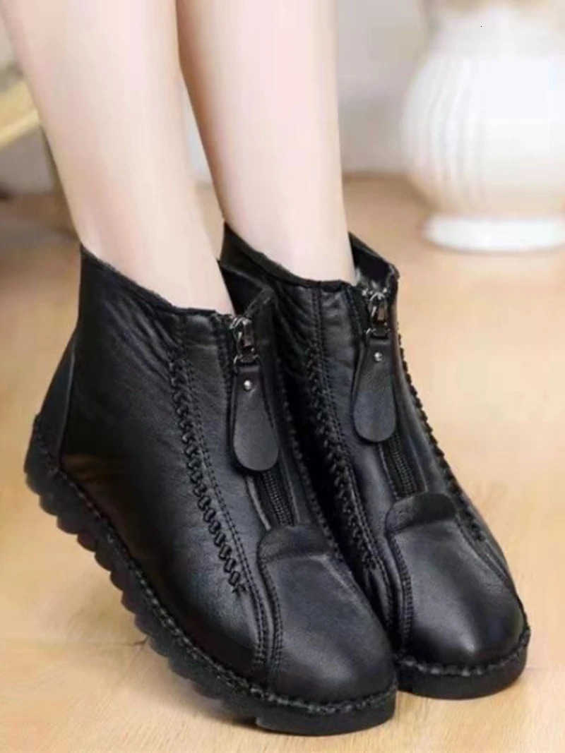 Winter womens ankle boots fashionable and warm mothers boots flat bottomed comfortable non slip front zipper closure womens shoes 241018