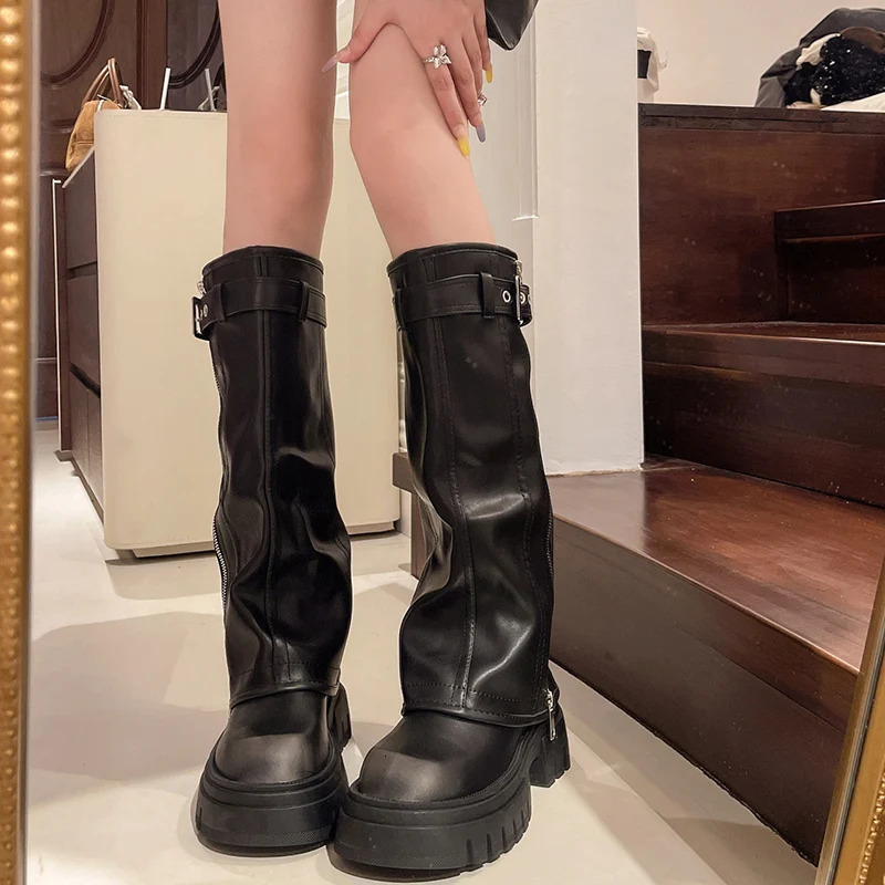 Platform Womens Western Cowboy Boots Fashion Slippery Buckle Long Boots Autumn Winter Womens Bicycle Boots 241018