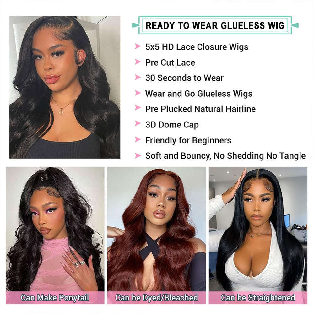 Wear Ready To x Lace Closure Wig Body Wave Glueless Human Hair No Glue Pre Cut Density