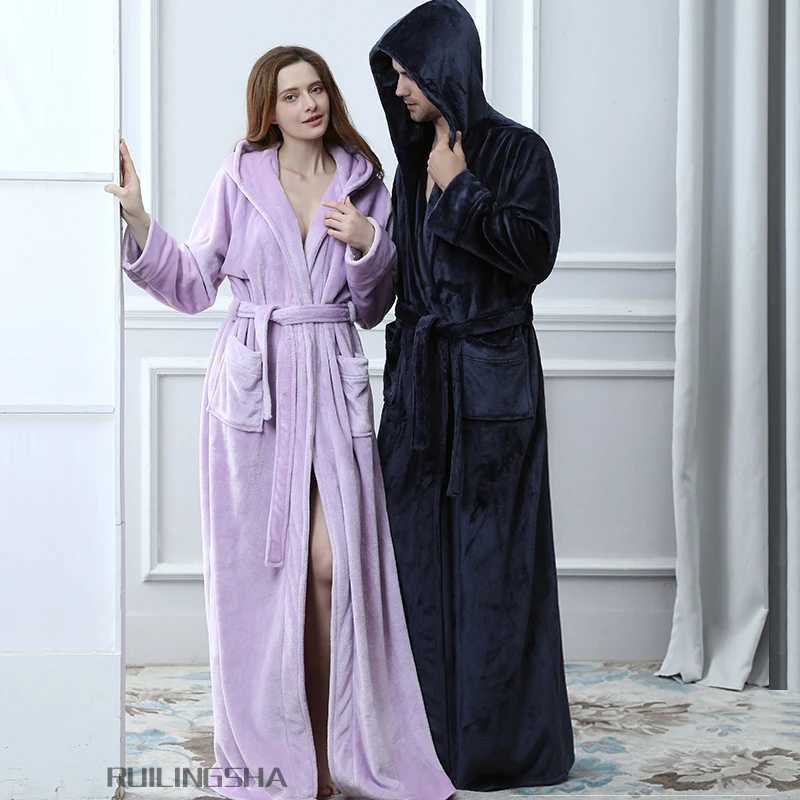 Lovers Plus Size Hooded extra Long Flannel Warm Bathrobe Men Women Thickening Winter Kimono Bath Robe Male Dressing Gown RobesXJ241018