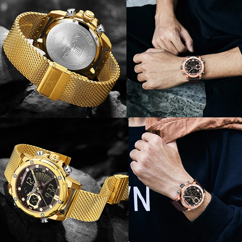 NAVIFORCE mens original watch y quartz dual display military sports mesh steel strap waterproof 241009