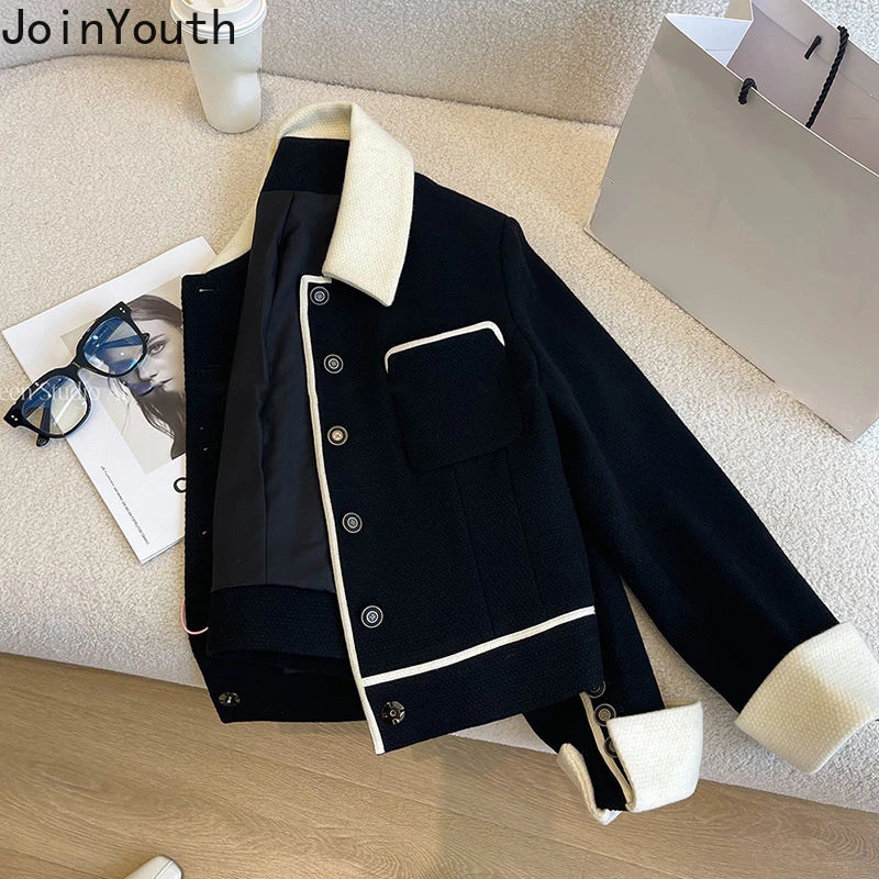 Temperament Jackets for Women Turndown Collar Long Sleeve Tunic Outwear Crop Tops Fashion Korean Vintage Tweed Coat Ropa Mujer 241019