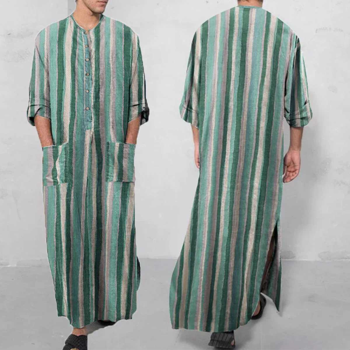 Men Sleep Robe Trendy Muslim Jubba Thobe Men Islam Kaftan Cotton Pakistan Saudi Arabia Djellaba Long Sleeve One-Piece Long DressXJ241018