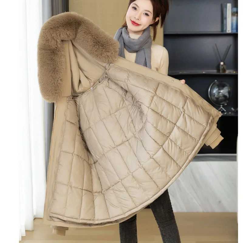 Women Winter Jacket New Down Cotton Coat Mid Long Korean Detachable Cotton Lining Hooded Parkas Female Windbreakers OuterwearX241019