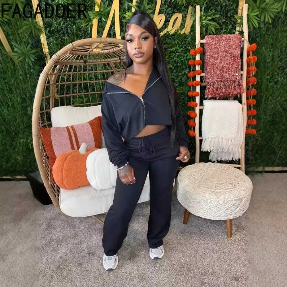Women's Two Piece Pants FAGADOER Womens 2024 Autumn 2-piece Casual Long Sleve Zipper Hoodie Coat and Sweatpants Set Y2k Strt Sportswear Y241019CC