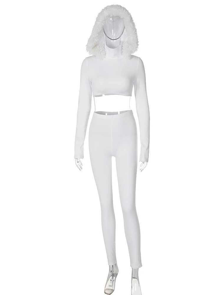 Women's Two Piece Pants Hugcitar Womens Elegant 2-piece Fur Hooded White Long Sleve Sexy Crop Top Pants 2023 Winter T-shirt Sports Fitness Clothi