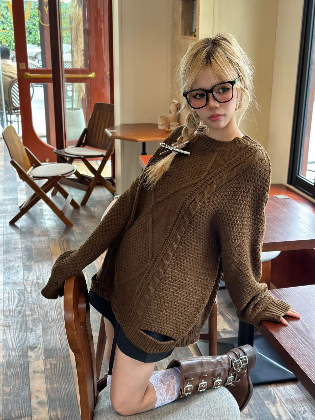 Domx autumn/winter Maillard style niche loose cut mid length lazy style lower body missing womens sweater 241019