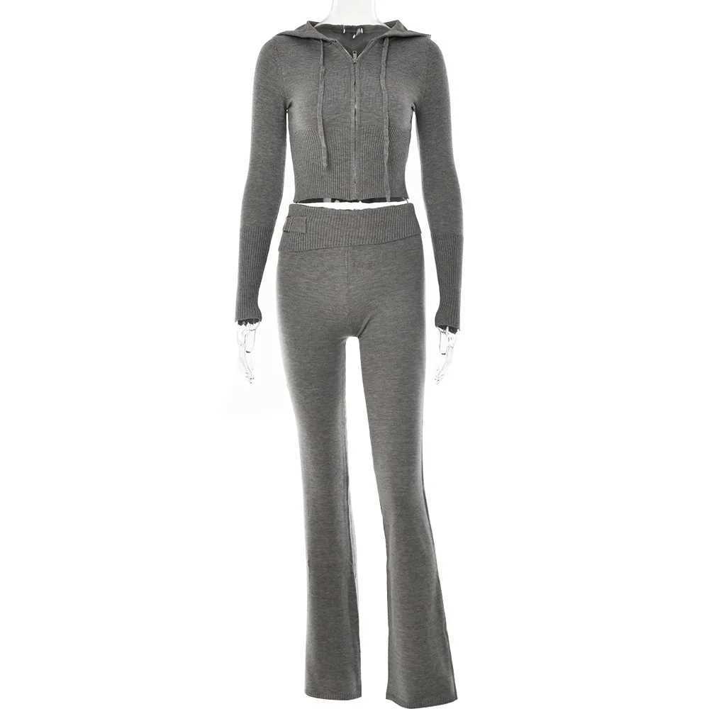 Women's Two Piece Pants Y2K Womens 2-piece Knitted Set Solid Color Long Sleve Zipper Slimming Hoodie Crop Top and High Waist Long Pants Set Y2410