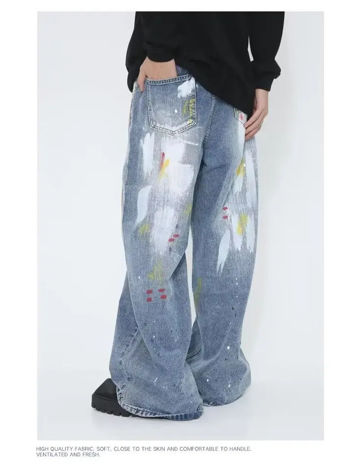 Y2K mens splash ink jeans hip-hop fashion graffiti hole straight leg denim shorts Y2K streetwear jeans 241007