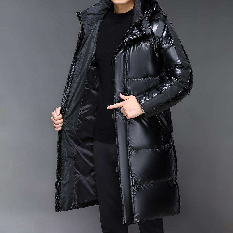 Black Mid Length Warm White Duck Jacket Men's Winter Hooded Bright Long Puffer Coats Outwear High-End Thick Top Down Parkas