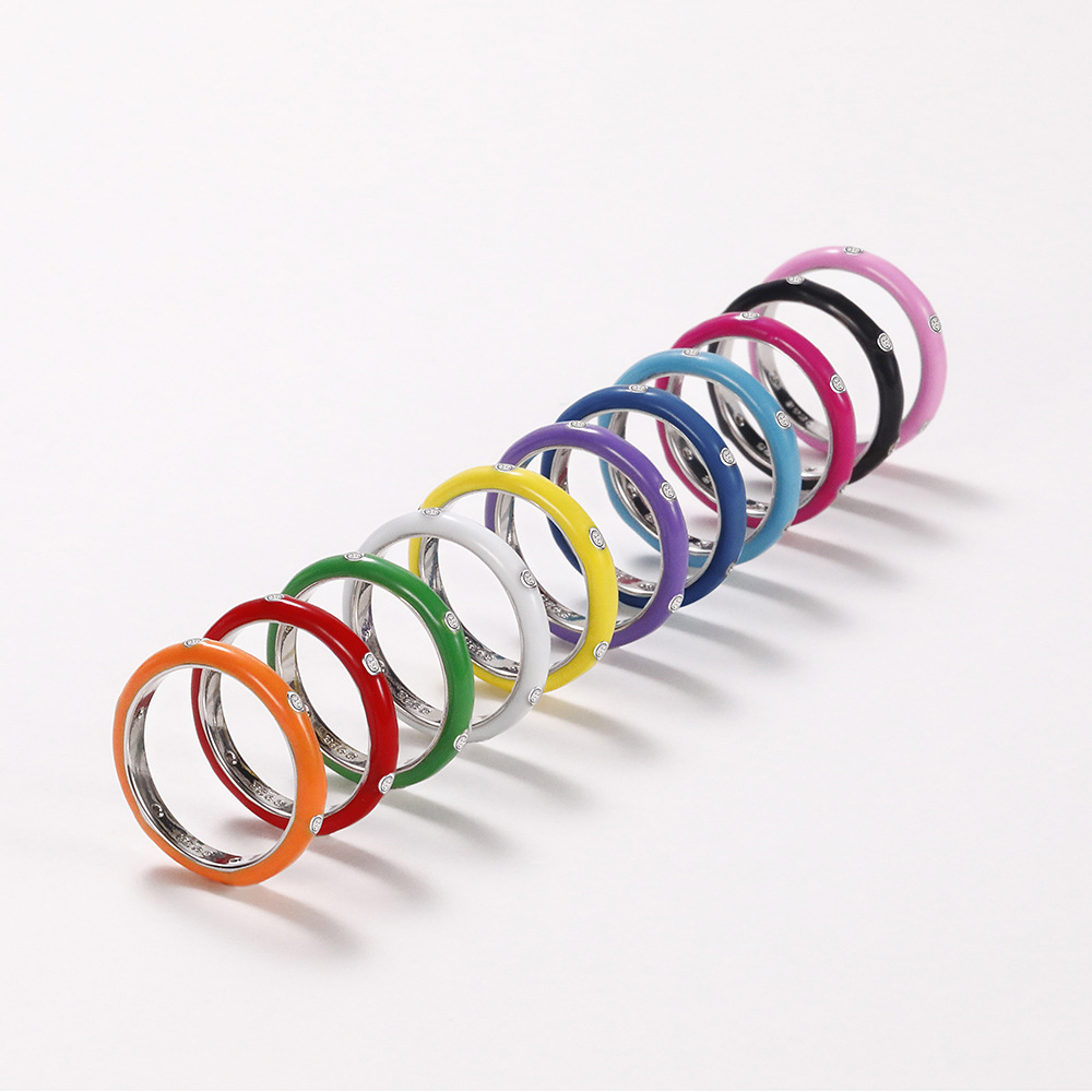 Ring enamel oil drop rainbow color single stone ring women's minimalist zircon ring candy color diamond ring exquisite gift