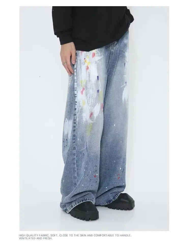 Y2K mens splash ink jeans hip-hop fashion graffiti hole straight leg denim shorts Y2K streetwear jeans 241007