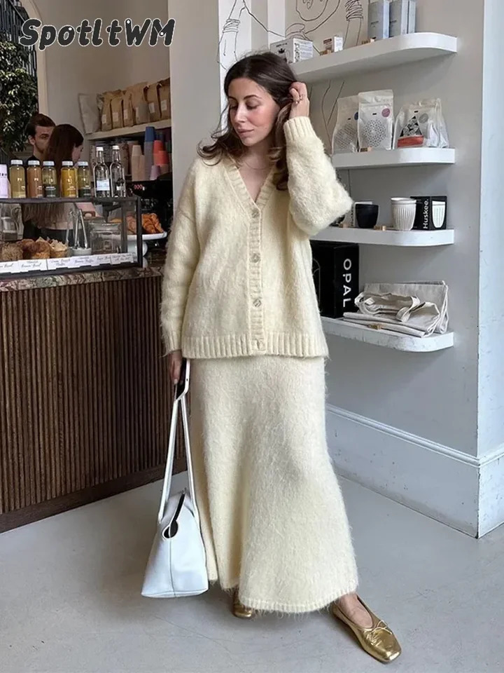 Elegant solid Mohair Skirt womens autumn knitted V-neck cardigan 2-piece loose long fashionable party set 241018