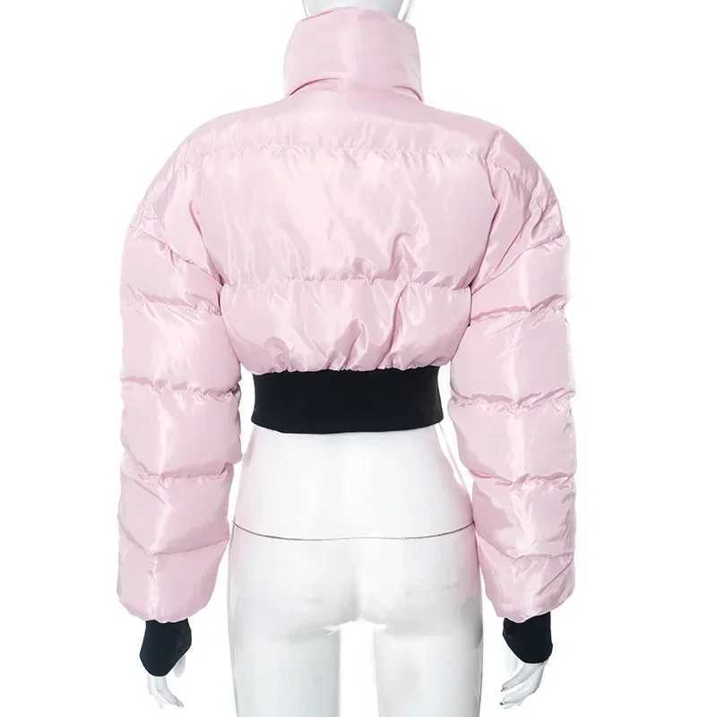 Women's Down Parkas 2024 Winter Cropped Puffer Jacket Womens Parka Patch Work Long Sleve Zipper Warm Short Coat Womens Bubble Quilted Coat Y24101