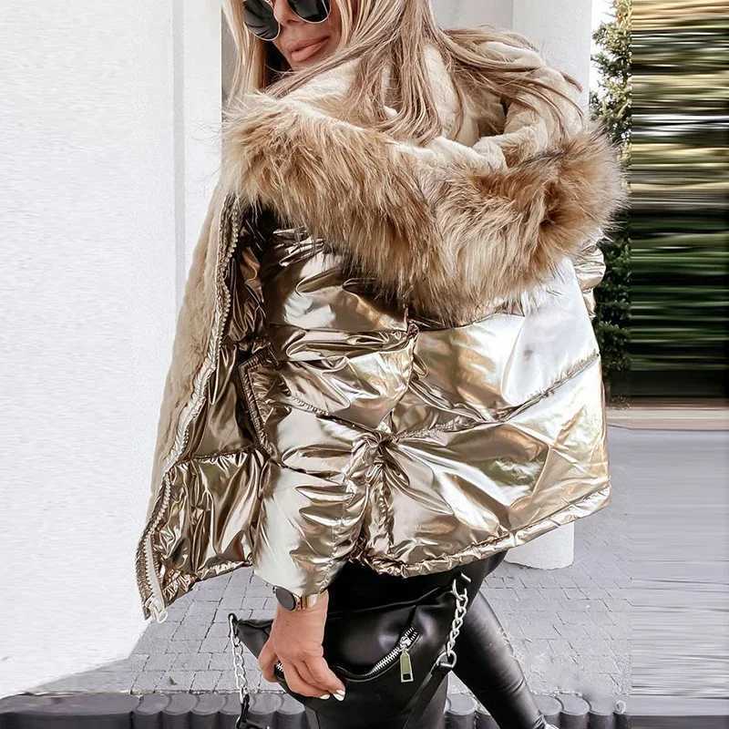 Women's Down Parkas Womens solid shiny PU jacket 2023 winter fashion big fur collar hooded cotton coat womens casual thick warm zipper park Y2410