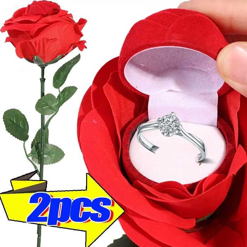 Cteative Rose Ring Box Red Velvet Rose Earrings Display Stand Gift Box Bridal Engagement Jewelry Storage Box W241019