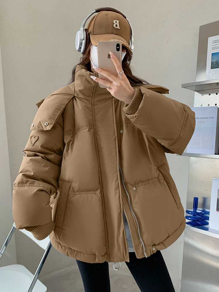 Zoki Love Print Cute Parkas Women Sweet Thick Warm Winter Puffy Coats Korean Casual Long Sleeve Loose Fashion Down Cotton JacketX241019