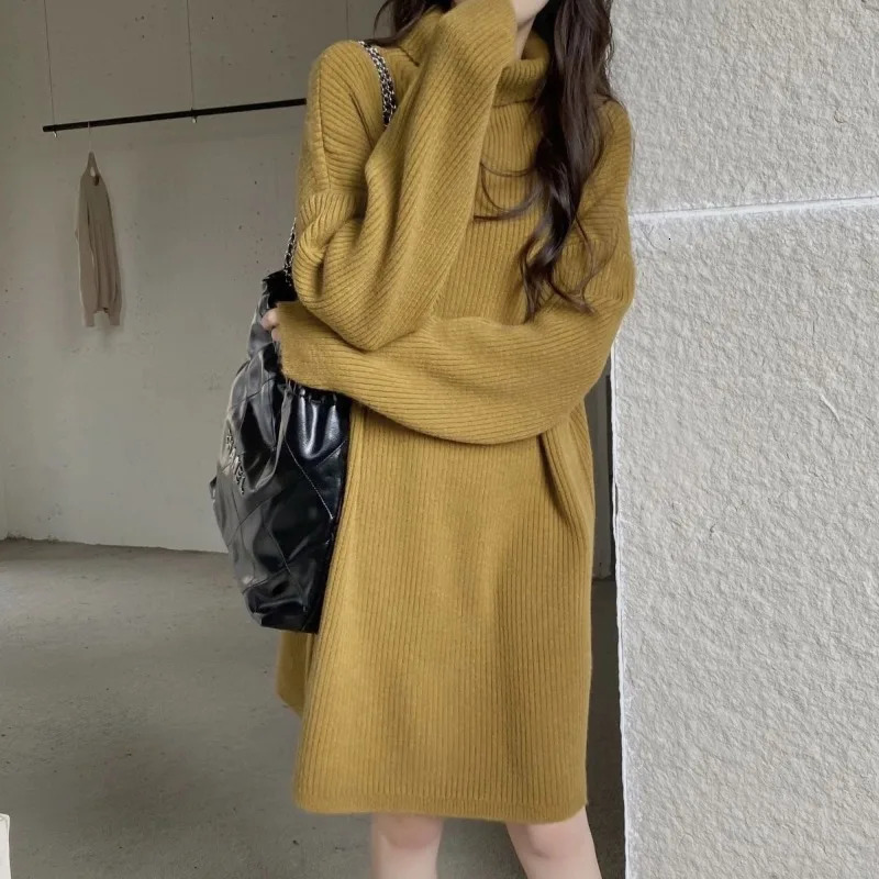 Turtleneck Warm Knitted Dress Women Autumn Winter Simplicity Solid Color Long Sleeve Midi Dress All-match Trend A-line Skirt 241010