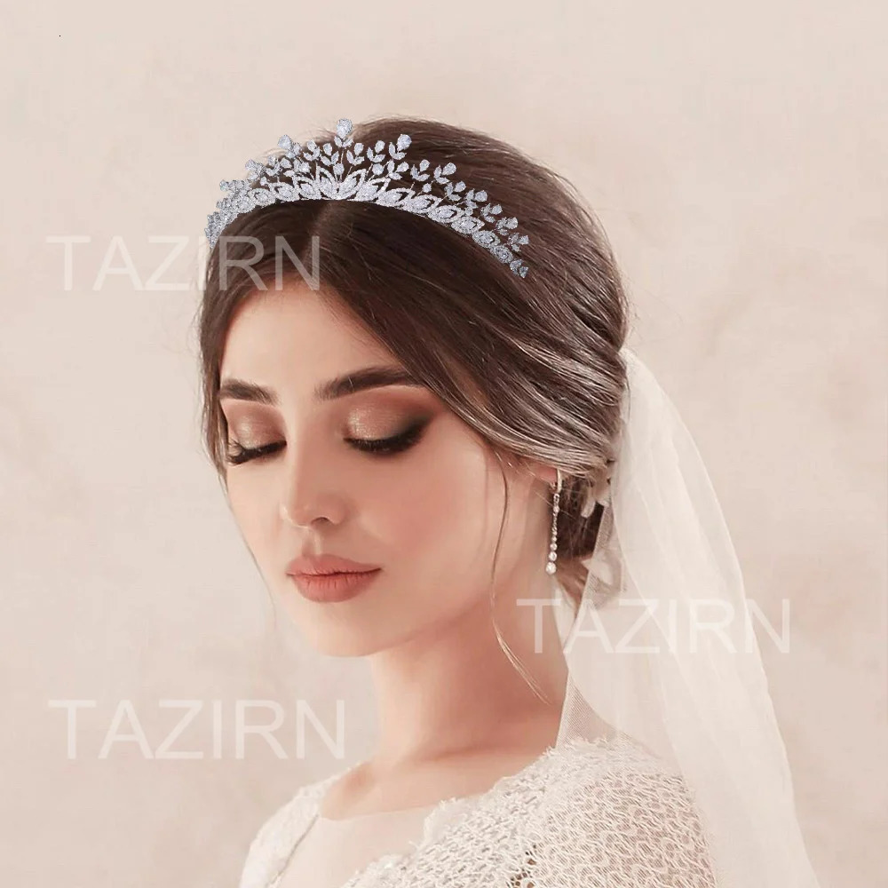 TAZIRN AAAAA cubic zirconia floral headpiece and crown womens wedding birthday party ball sparkling handmade CZ hair accessory 241018