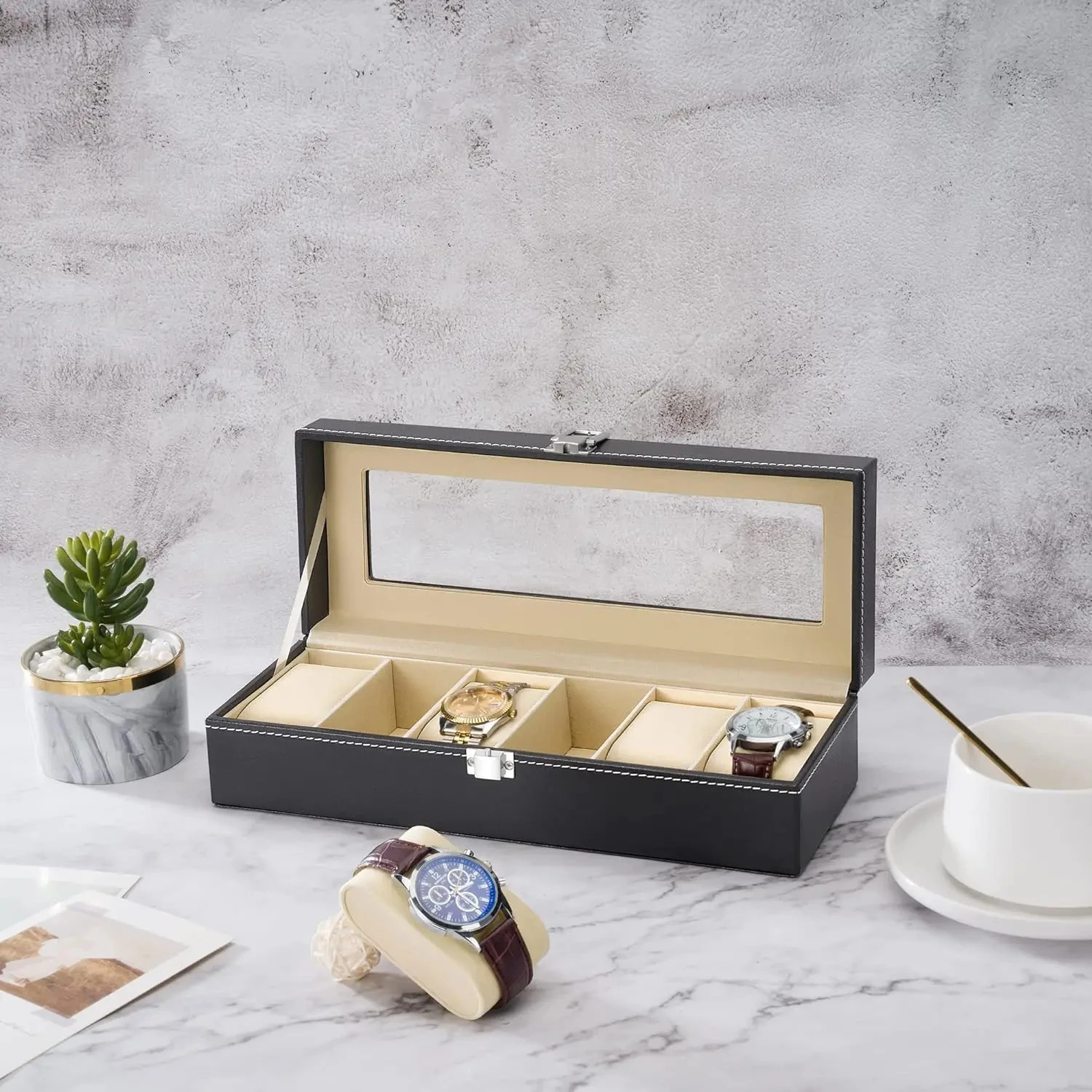 6-slot PU leather watch box display box jewelry organizer with glass top 241018