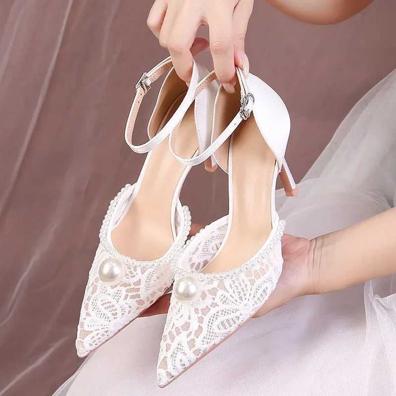 New single strap toe hollow sandals for women French lace wedding dress bridal shoes mesh pearl high heels Y241019