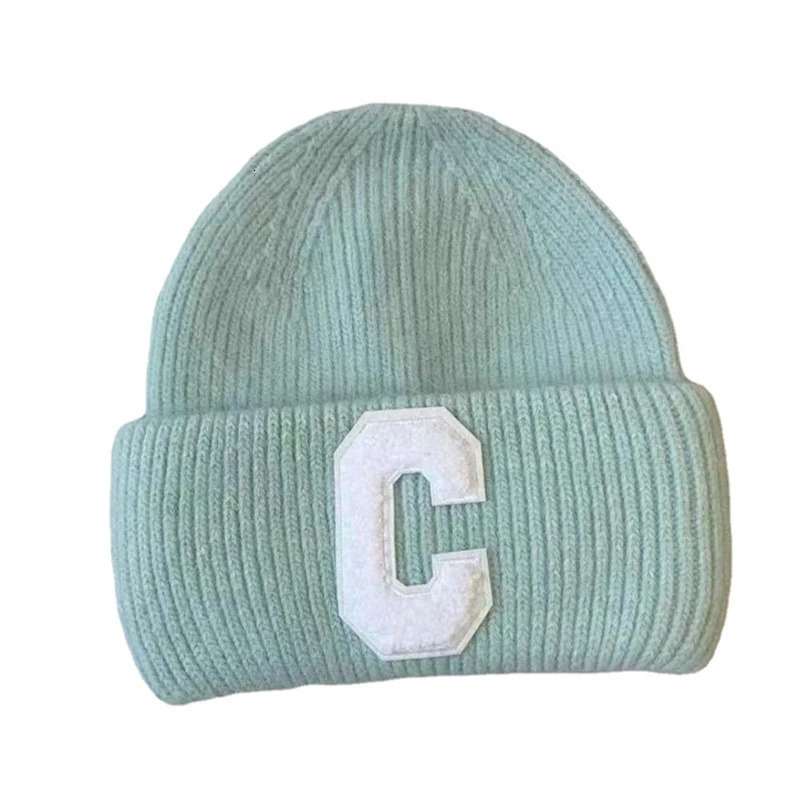 Angora Rabbit Fur Pullover Hat for Women Simple C Letter Beanie Winter Warm Girls Knitted Hedging Cap 241007