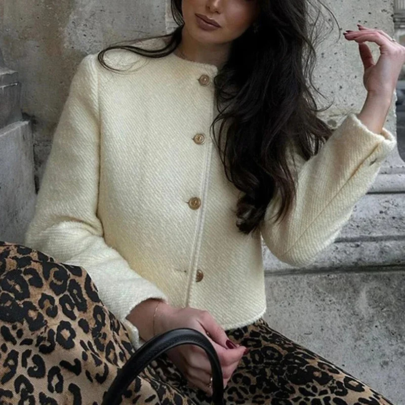 Elegant Tweed Jacket Women Coats Vintage Woolen Singlebreasted Oneck Long Sleeve Short Streetwear Casual Lady Outwears 241019