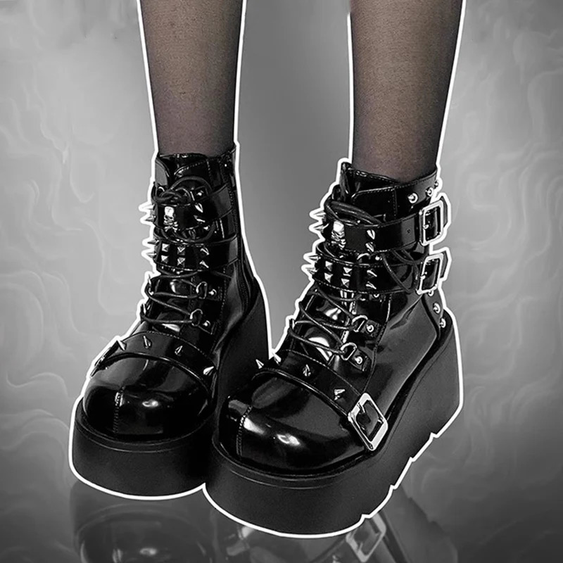 Rivet Decoration Short and Fat Platform Punk Ankle Boots Womens Winter Pu Leather Black Boots Womens Metal Buckle Gothic Shoes 241018