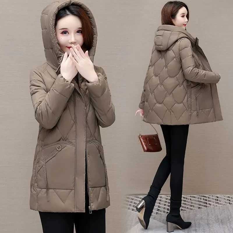 Womens Cotton-Padded Coat 2024 New Winter Puffer Jacket Mid-Length Warm Down Cotton Parkas Coat Mom Outwear Casual Hooded JacketX241019