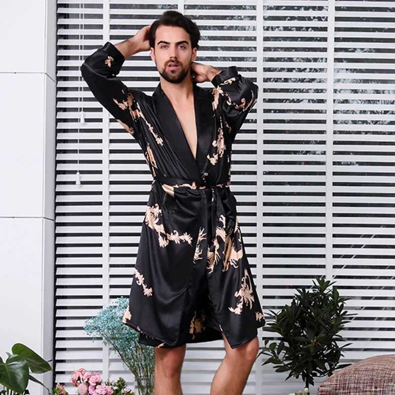 Silk Sleepwear Bathrobe Long Sleeve Pajamas Summer Nightgown Men Clothing Robe Print Silk Pajamas Ice Silk Loungewear NewXJ241018