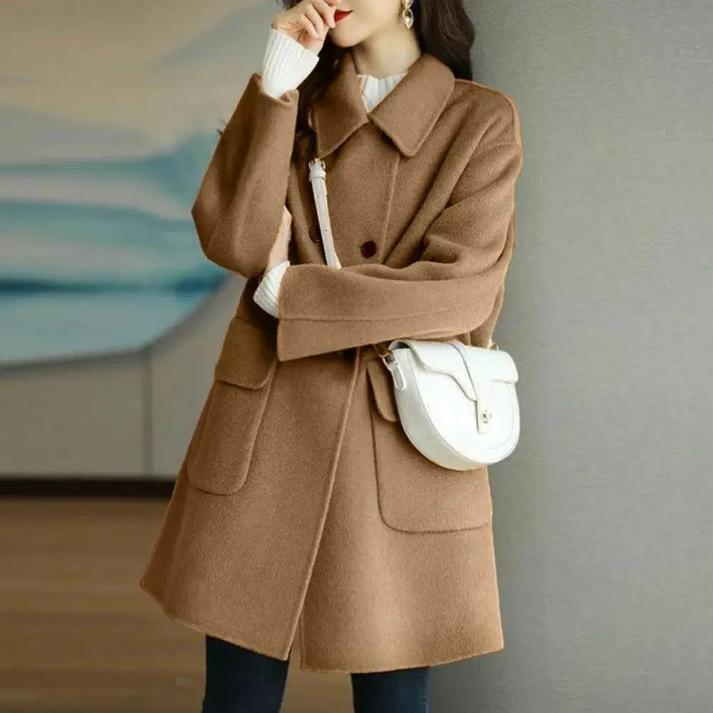 Autumn and winter womens wool coat with lapel double chest lapel pocket jacket solid color medium loose jacket 241019