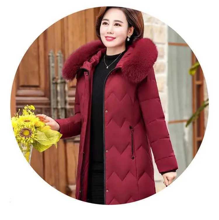 XL-5XL Middle Aged Mother Down Cotton-Padded Jacket Loose Hooded Fur Collar Coat Thicken Mid-Long Parkas Women Winter ClothesX241019