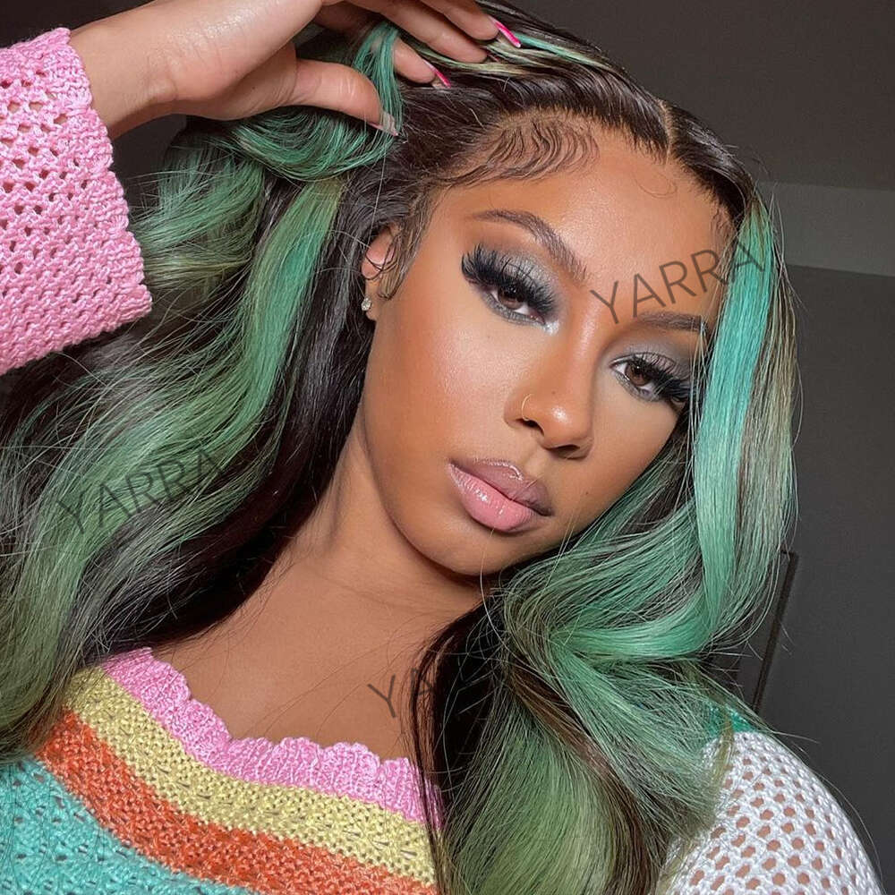 13x4 Frontal Body Wave Human Hair Green With Black Pre Plucked 32 34inch Highlight Transparent Lace Front Wig For Women