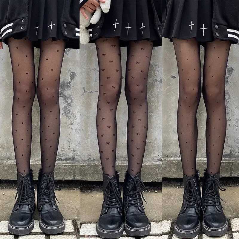 Socks Hosiery JK Girls Cute Polka Dot Heart Bow Seamless Tights Print Stockings Sexy Women Fishnet Hosiery Cosplay Lolita White Thin Pantyhose Y240833