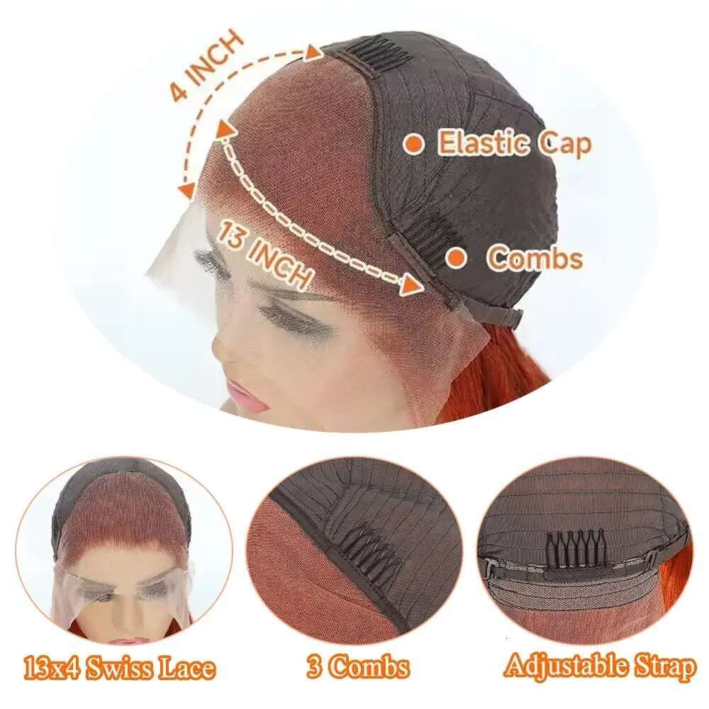 Remy 200 Density Transparent 13x6 HD Frontal Straight Lace Front Wigs Human Hair Ginger Orange Black Wig Witout Glue